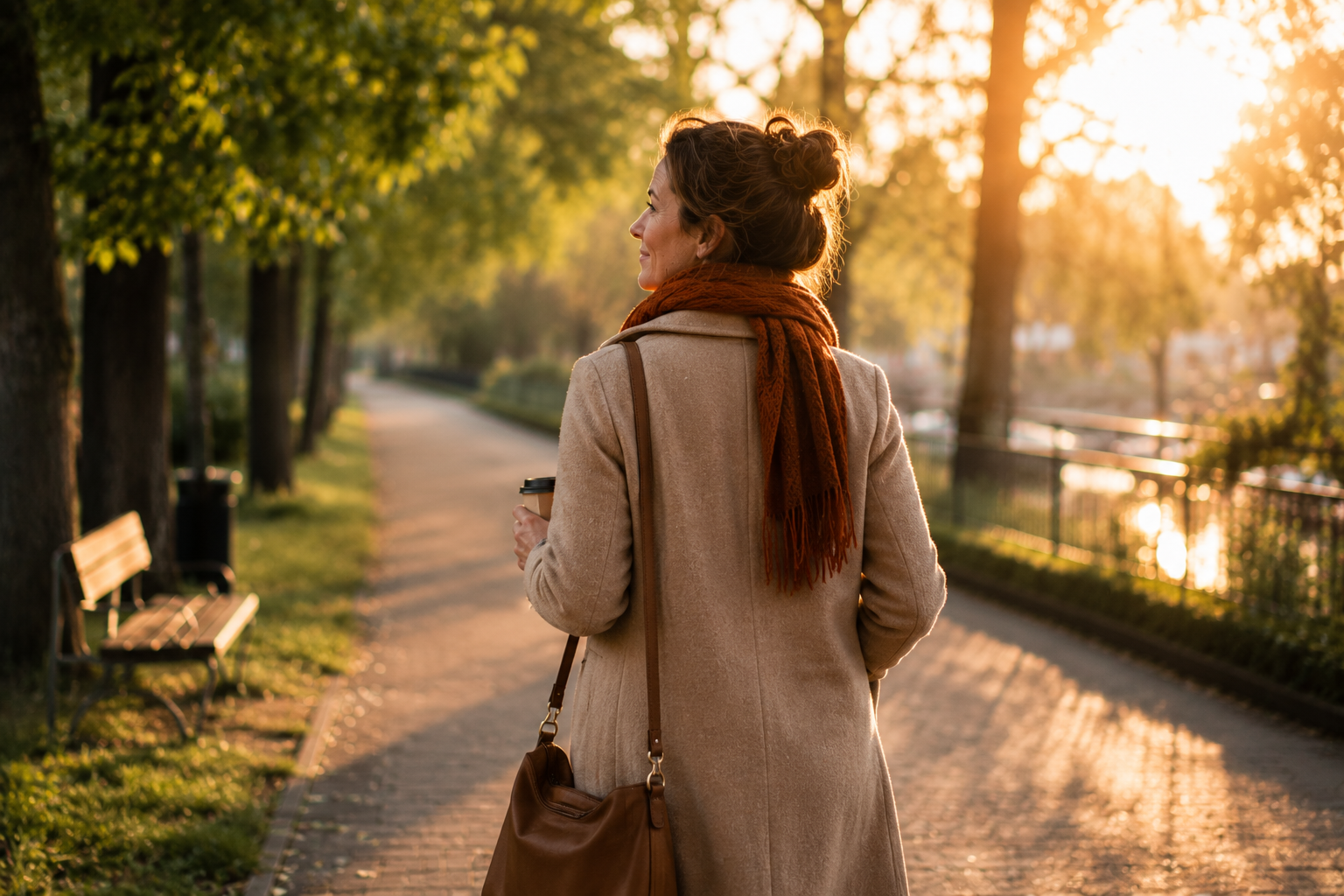 Mit neuer Klarheit den nächsten Schritt gehen Frau geht mit einer Tasse Kaffee durch einen sonnigen Park und blickt zuversichtlich nach vorne – Sinnbild für einen bewussten Neuanfang und neue Perspektiven.