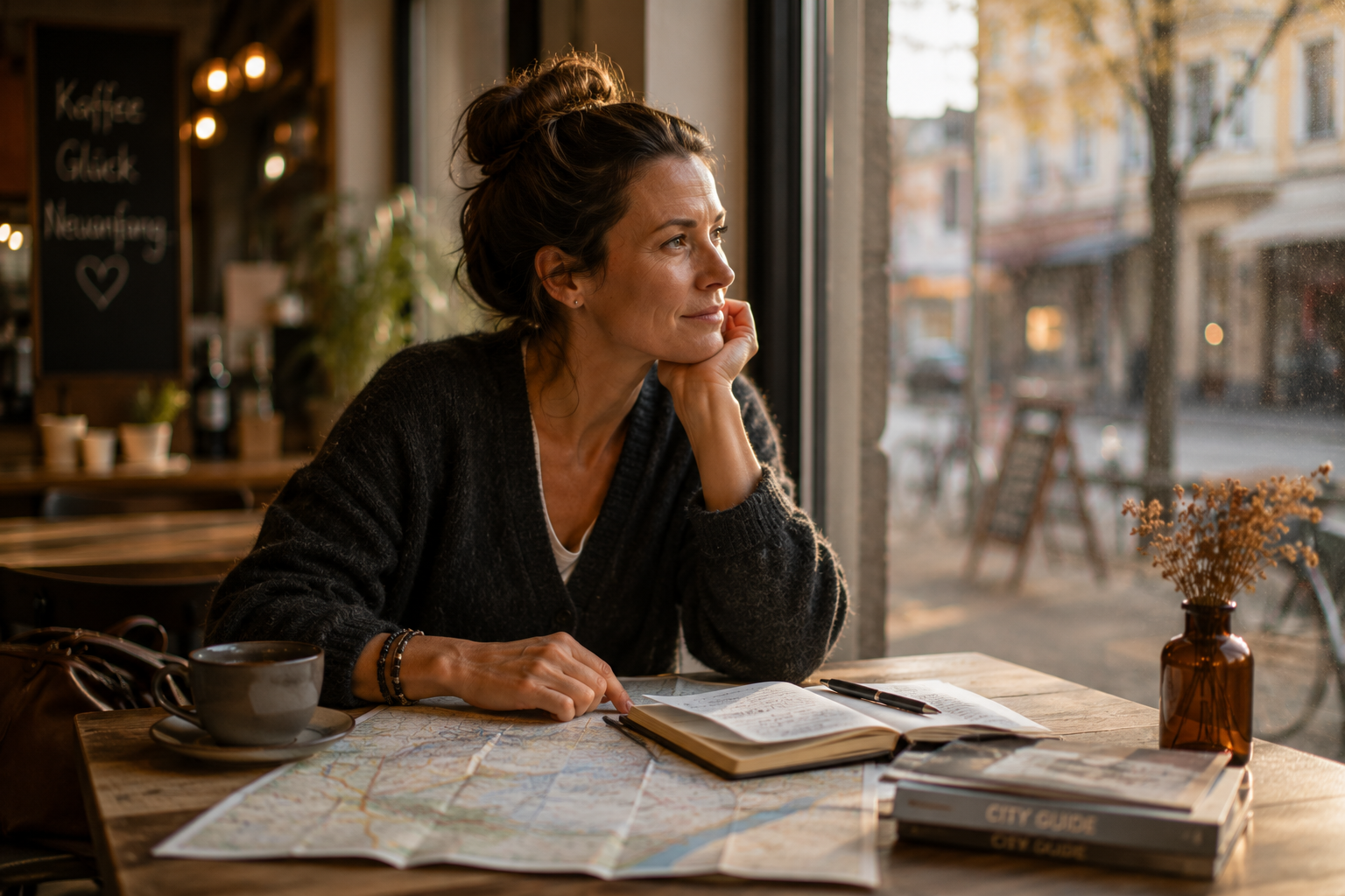 Frau sitzt nachdenklich in einem Café am Fenster. Vor ihr liegen eine Karte und ein Notizbuch, während sie über neue Möglichkeiten und erste Schritte in einen Neuanfang nachdenkt.