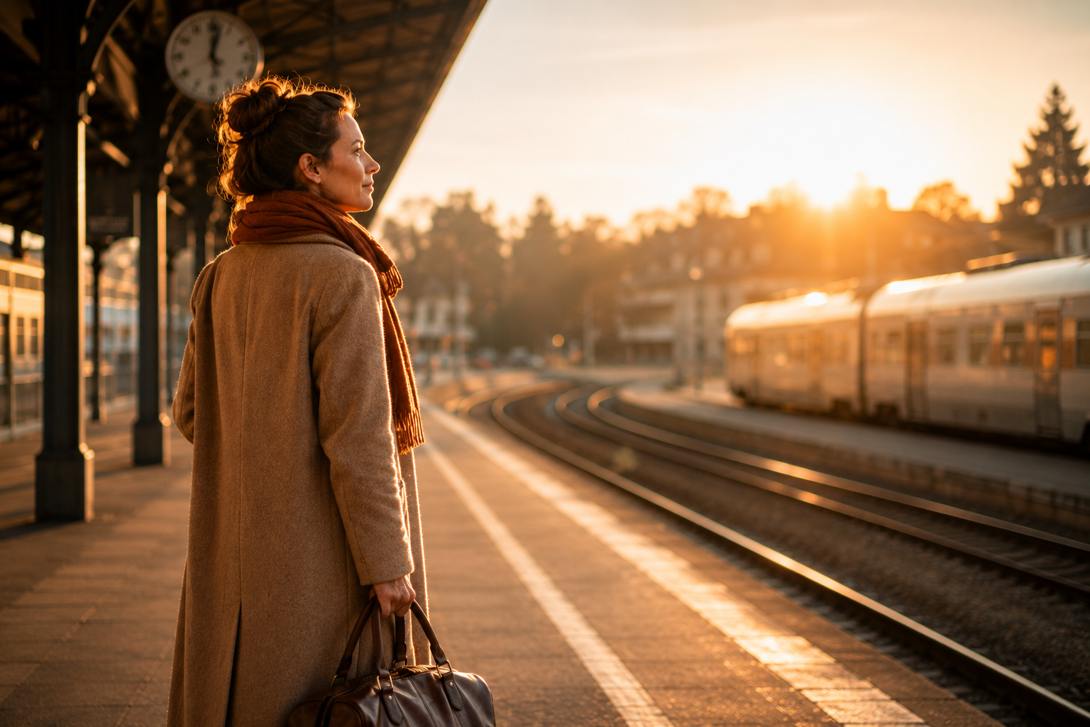 Frau mit Reisetasche auf einem Bahnhof bei Sonnenaufgang. Sie blickt auf die Gleise und steht symbolisch für einen Neuanfang und den Mut, etwas zum ersten Mal zu wagen.