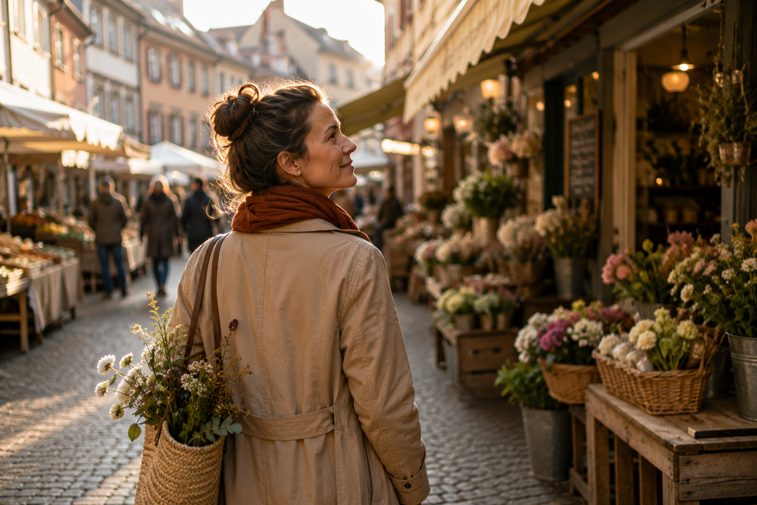 Frau schlendert mit einem Blumenstrauß über einen Wochenmarkt und genießt einen neuen Moment voller Leichtigkeit und Neugier.