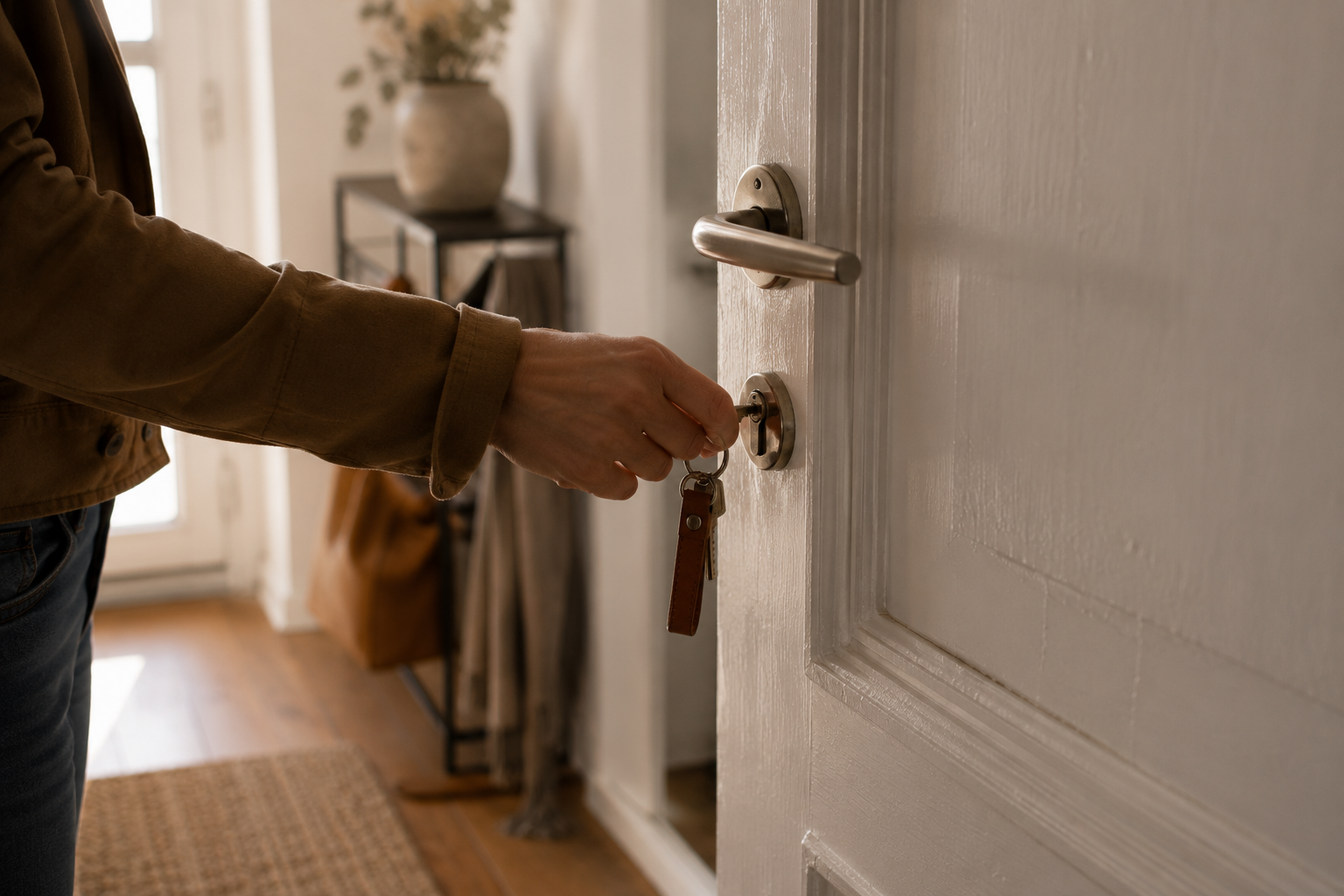 Jede Veränderung beginnt mit einer Entscheidung Nahaufnahme einer Hand, die einen Schlüssel im Türschloss dreht – ein Symbol dafür, die Komfortzone zu verlassen, neue Wege zu gehen und den ersten Schritt in ein selbstbestimmtes Leben zu wagen.