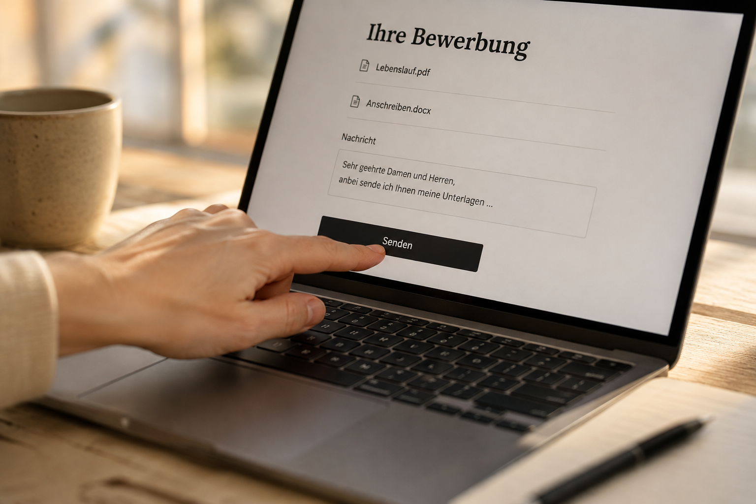 hoer-auf-Der erste Schritt verändert mehr als tausend Gedanken-zuzusehen-erster-schritt-senden Nahaufnahme einer Hand, die auf einem Laptop auf den Button „Senden“ klickt – ein Symbol dafür, den ersten Schritt zu wagen und vom Nachdenken ins Handeln zu kommen.