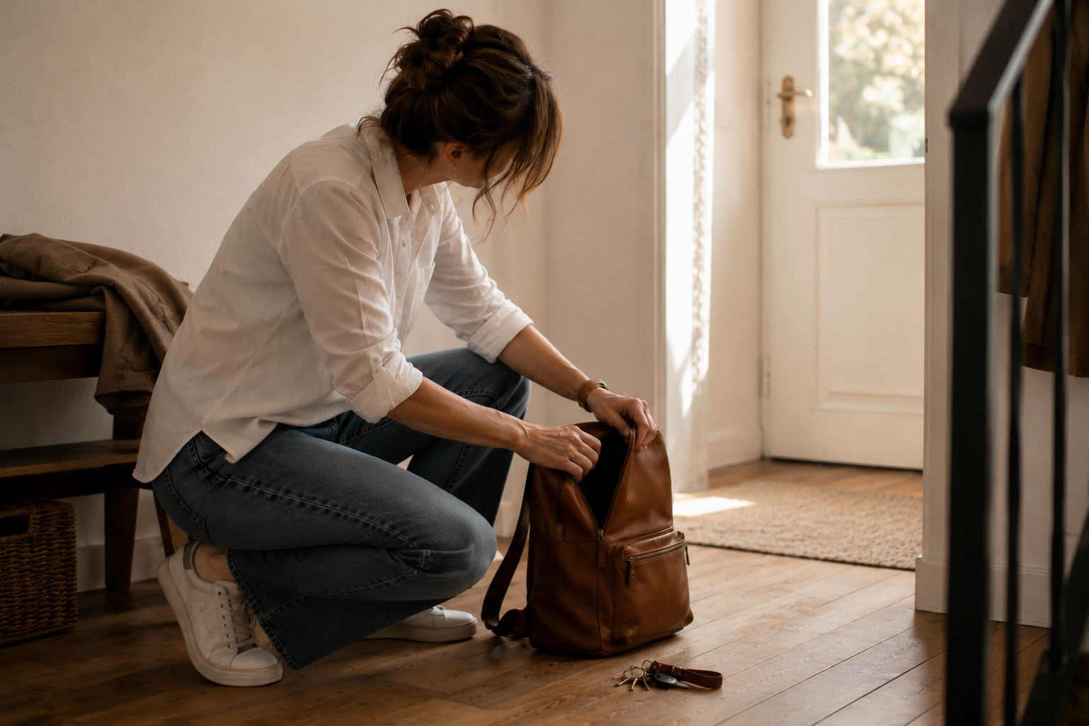 Der perfekte Moment kommt nicht – geh einfach los Frau packt einen Rucksack im Flur ihrer Wohnung, Schlüssel und Schuhe liegen bereit – ein Symbol dafür, die Komfortzone zu verlassen und den ersten Schritt in Richtung Veränderung zu gehen.