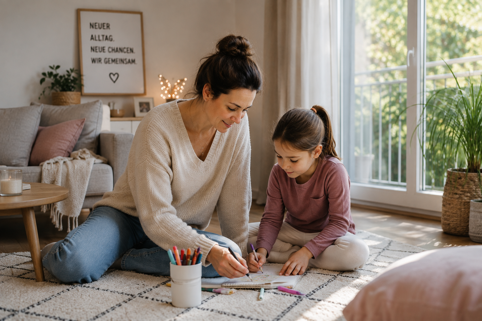 Mutter und Tochter verbringen nach der Trennung gemeinsam Zeit zu Hause und erleben einen ruhigen Moment im neuen Familienalltag.