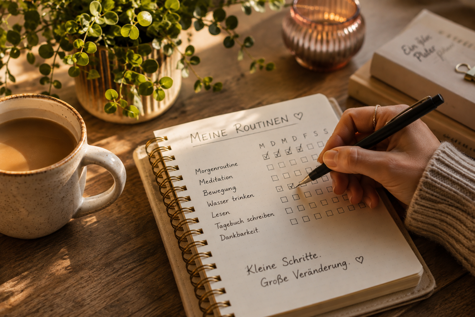Nahaufnahme eines geöffneten Notizbuchs mit einer Habit-Tracker-Liste. Eine Hand setzt ein Häkchen hinter erledigte Routinen. Daneben stehen eine Tasse Kaffee, eine Zimmerpflanze und eine Kerze. Das Bild symbolisiert kleine Gewohnheiten, Kontinuität und den Aufbau neuer Routinen.