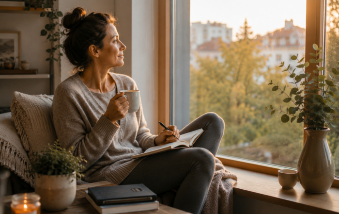 Eine Frau sitzt mit einer Tasse Kaffee und einem Notizbuch am Fenster und genießt ihre ruhige Morgenroutine. Das warme Morgenlicht steht für Achtsamkeit, neue Gewohnheiten und einen bewussten Start in den Tag.