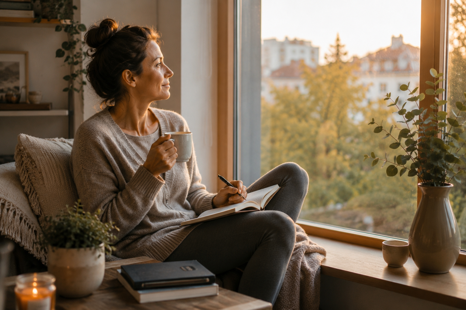 Routinen entwickeln – Der erste Schritt zu deinen Zielen Eine Frau sitzt mit einer Tasse Kaffee und einem Notizbuch am Fenster und genießt ihre ruhige Morgenroutine. Das warme Morgenlicht steht für Achtsamkeit, neue Gewohnheiten und einen bewussten Start in den Tag.