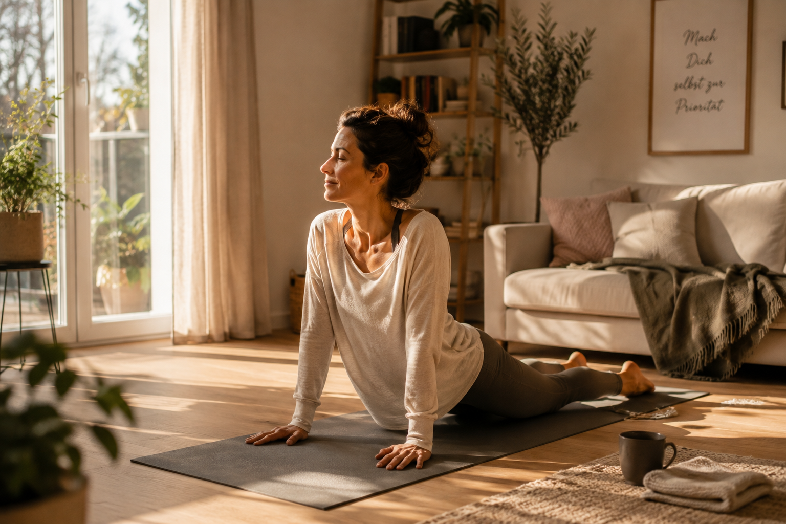 Mit kleinen Routinen große Ziele erreichen Eine Frau macht morgens Yoga in ihrem Wohnzimmer. Warmes Sonnenlicht fällt durch das Fenster und unterstreicht die ruhige Atmosphäre. Das Bild steht für gesunde Gewohnheiten, Morgenroutinen und kleine Schritte auf dem Weg zu persönlichen Zielen.