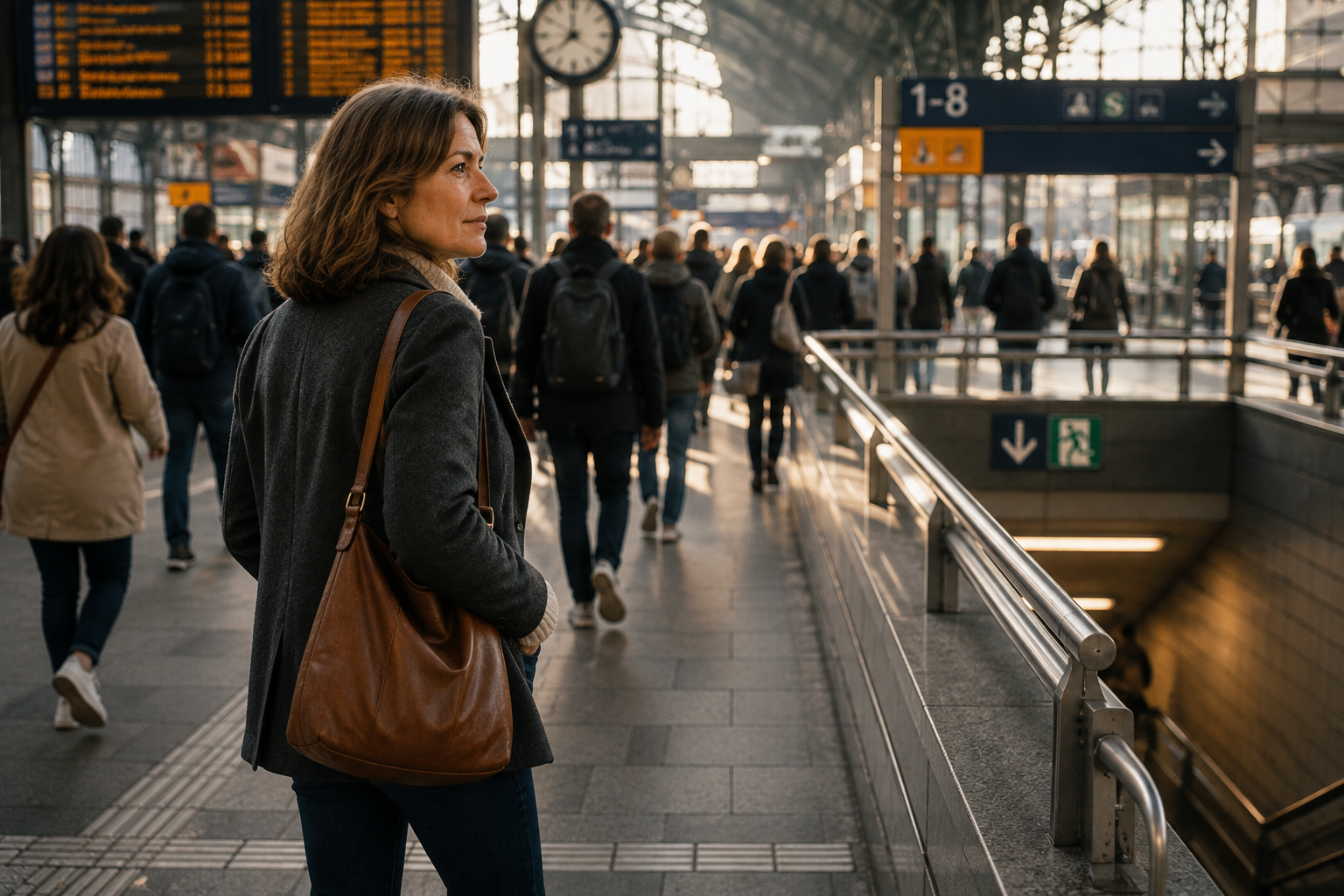 Unzufrieden mit dem Leben – raus aus dem Autopilot Frau hält im geschäftigen Bahnhof kurz inne und hinterfragt ihre gewohnten Wege und Routinen.