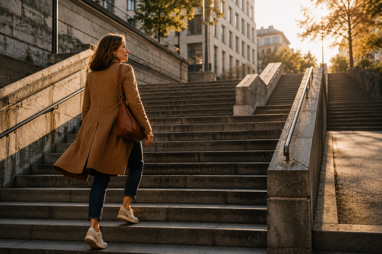 Unzufrieden mit dem Leben – du darfst neu entscheiden Frau geht entschlossen eine Treppe hinauf und steht sinnbildlich dafür, alte Entscheidungen zu hinterfragen und einen neuen Weg zu wählen.