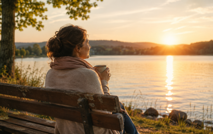 Frau sitzt mit einer Tasse auf einer Bank am See und genießt den Sonnenuntergang – Symbol für innere Zufriedenheit und die kleinen Glücksmomente im Alltag.