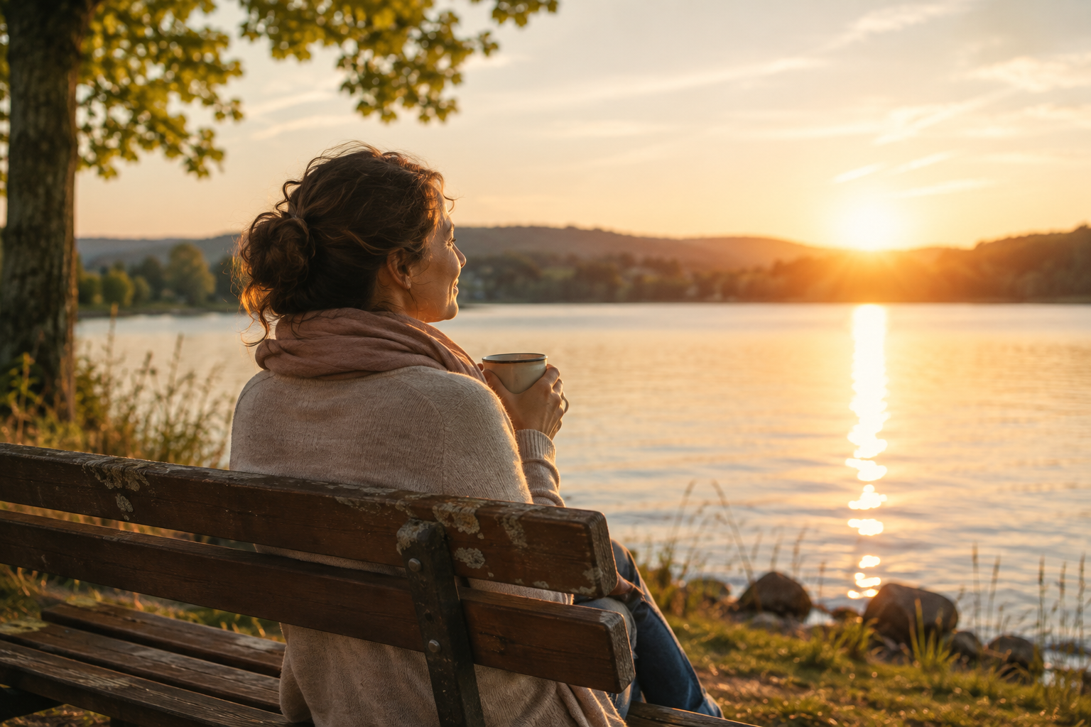 Frau sitzt mit einer Tasse auf einer Bank am See und genießt den Sonnenuntergang – Symbol für innere Zufriedenheit und die kleinen Glücksmomente im Alltag.