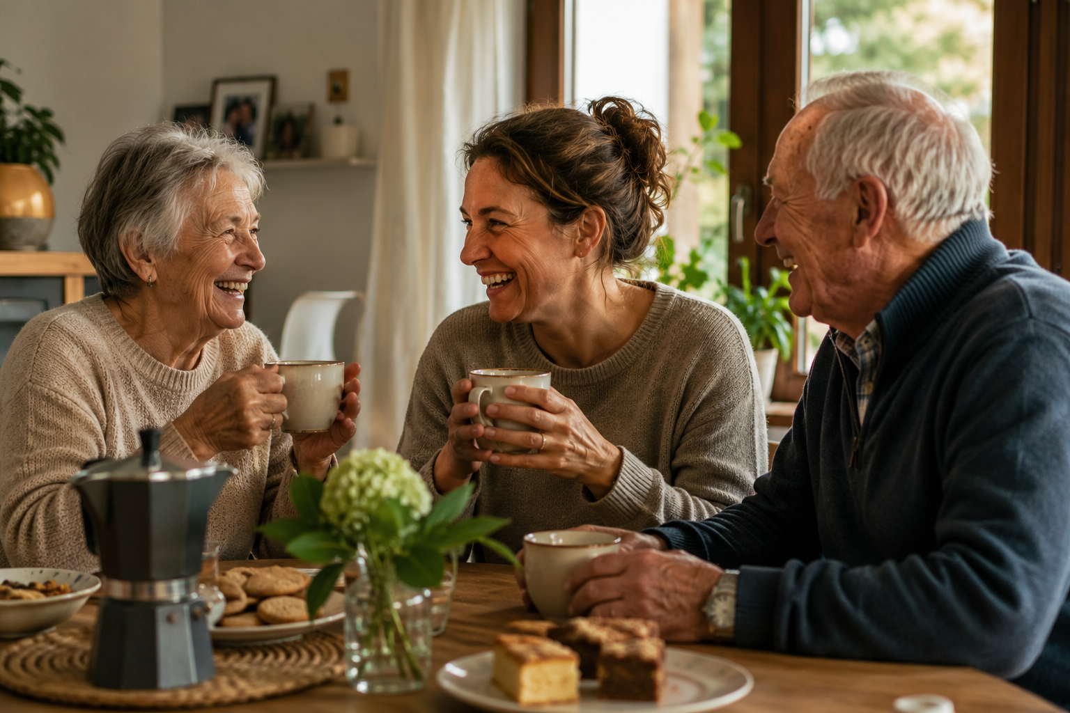 Erwachsene Tochter sitzt mit ihren Eltern lachend am Kaffeetisch – ein liebevoller Familienmoment, der zeigt, dass Glück oft in der gemeinsamen Zeit mit den Menschen liegt, die uns wichtig sind.