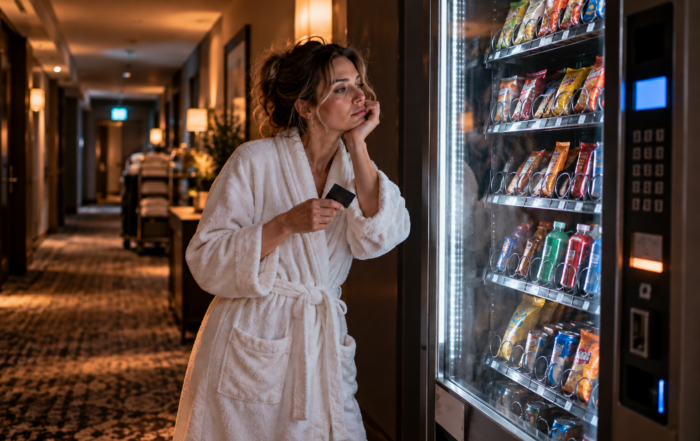 Frau steht nachts im Bademantel vor einem Snackautomaten im Hotel – als ungewöhnliches Bild für die wechselnden Phasen von Liebeskummer nach einer Trennung.