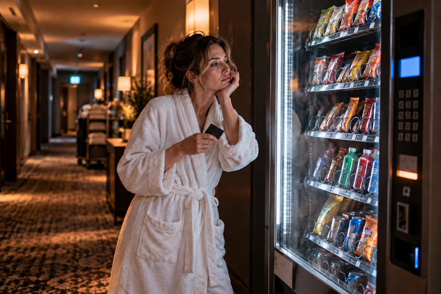 7 Trennungsphasen – wenn Liebeskummer plötzlich wieder da ist Frau steht nachts im Bademantel vor einem Snackautomaten im Hotel – als ungewöhnliches Bild für die wechselnden Phasen von Liebeskummer nach einer Trennung.