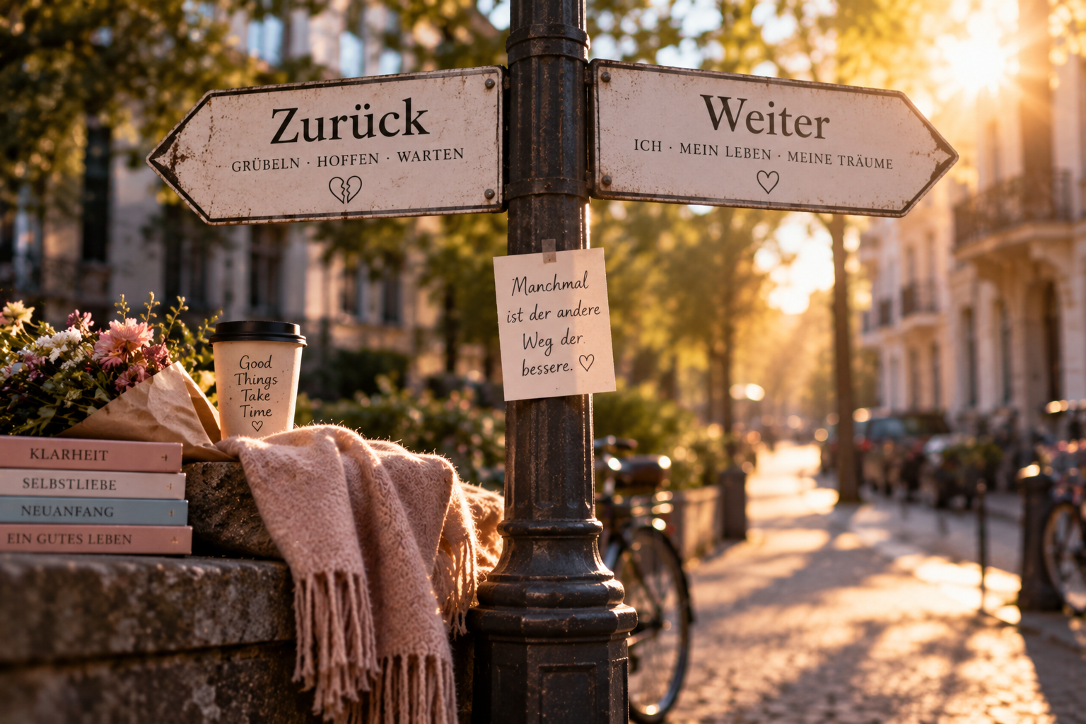 Ex zurück oder den eigenen Weg weitergehen? Zwei Wegweiser zeigen in unterschiedliche Richtungen und greifen die Frage auf, ob der Blick nach einer Trennung zurück zum Ex oder wieder auf das eigene Leben gehen soll.