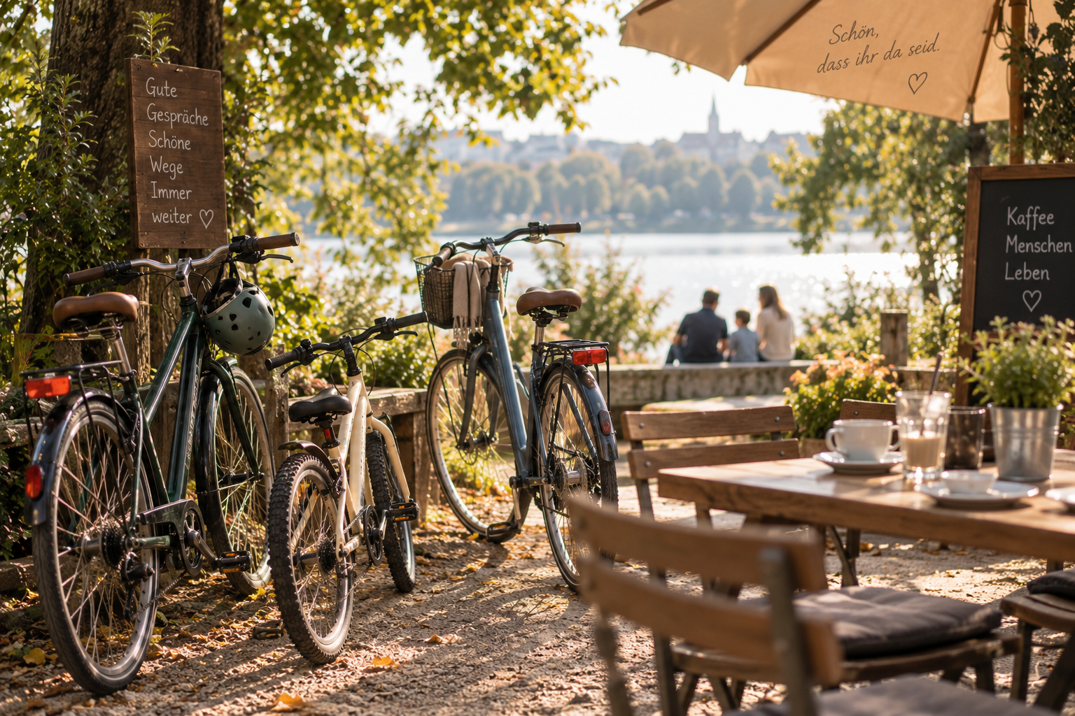 Zwei Erwachsenenräder und ein kleineres Fahrrad stehen gemeinsam am Park und symbolisieren einen respektvollen Umgang getrennter Eltern mit ihrem Kind.