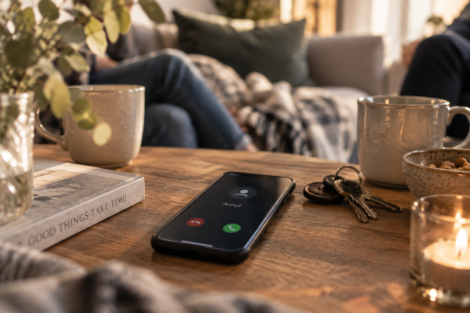 Smartphone in einer alltäglichen Paarsituation als Symbol dafür, wie der Kontakt zu früheren Partnern Unsicherheit in einer neuen Beziehung auslösen kann.