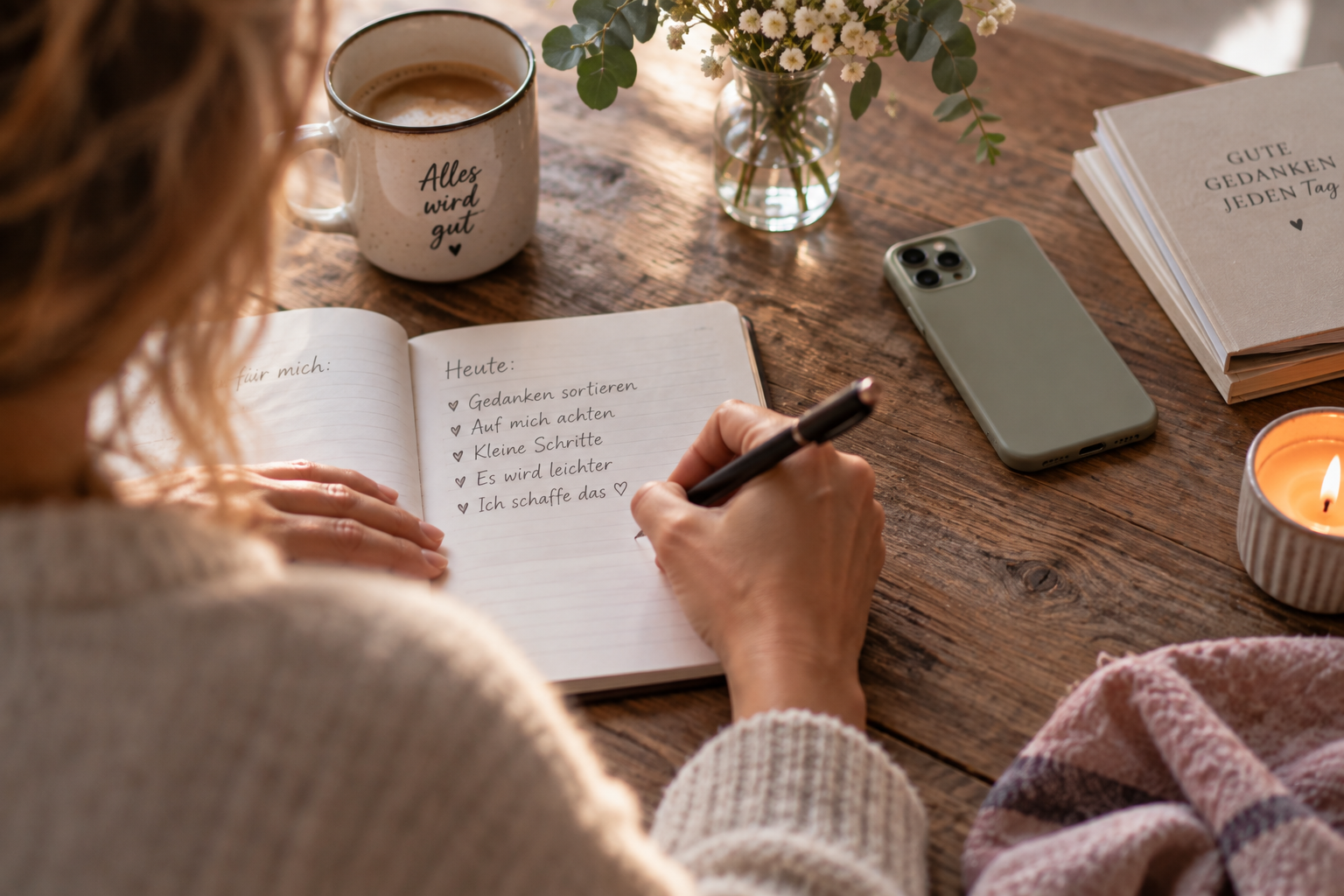 Gedankenspirale nach der Trennung unterbrechen Hand schreibt Gedanken in ein Notizbuch, während das Smartphone mit dem Display nach unten danebenliegt.