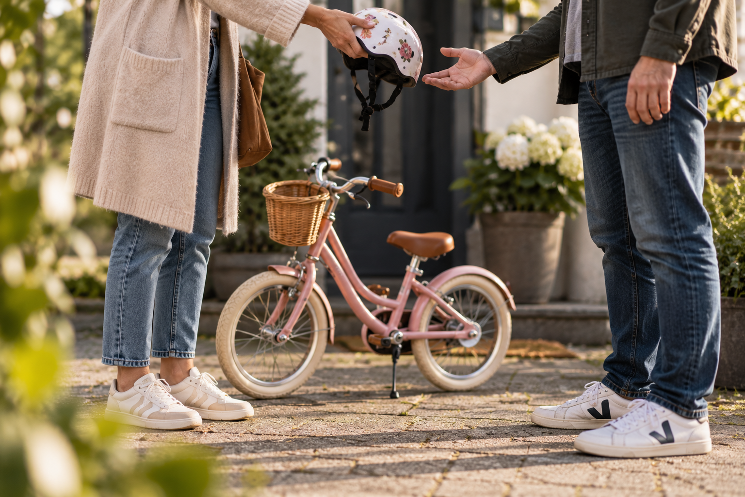 Kontaktsperre bei gemeinsamen Kindern – wenn Kontakt notwendig bleibt Zwei getrennte Eltern übergeben sich neben einem Kinderfahrrad einen Fahrradhelm – als Symbol für sachlichen Kontakt nach der Trennung, wenn gemeinsame Kinder da sind.
