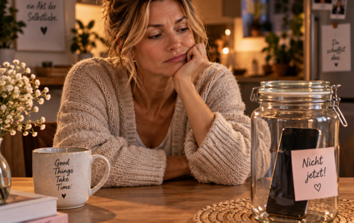 Frau sitzt am Küchentisch und betrachtet ihr Smartphone, das sie in einer verschlossenen Vorratsdose verstaut hat, um während der Kontaktsperre nicht impulsiv ihren Ex zu kontaktieren.