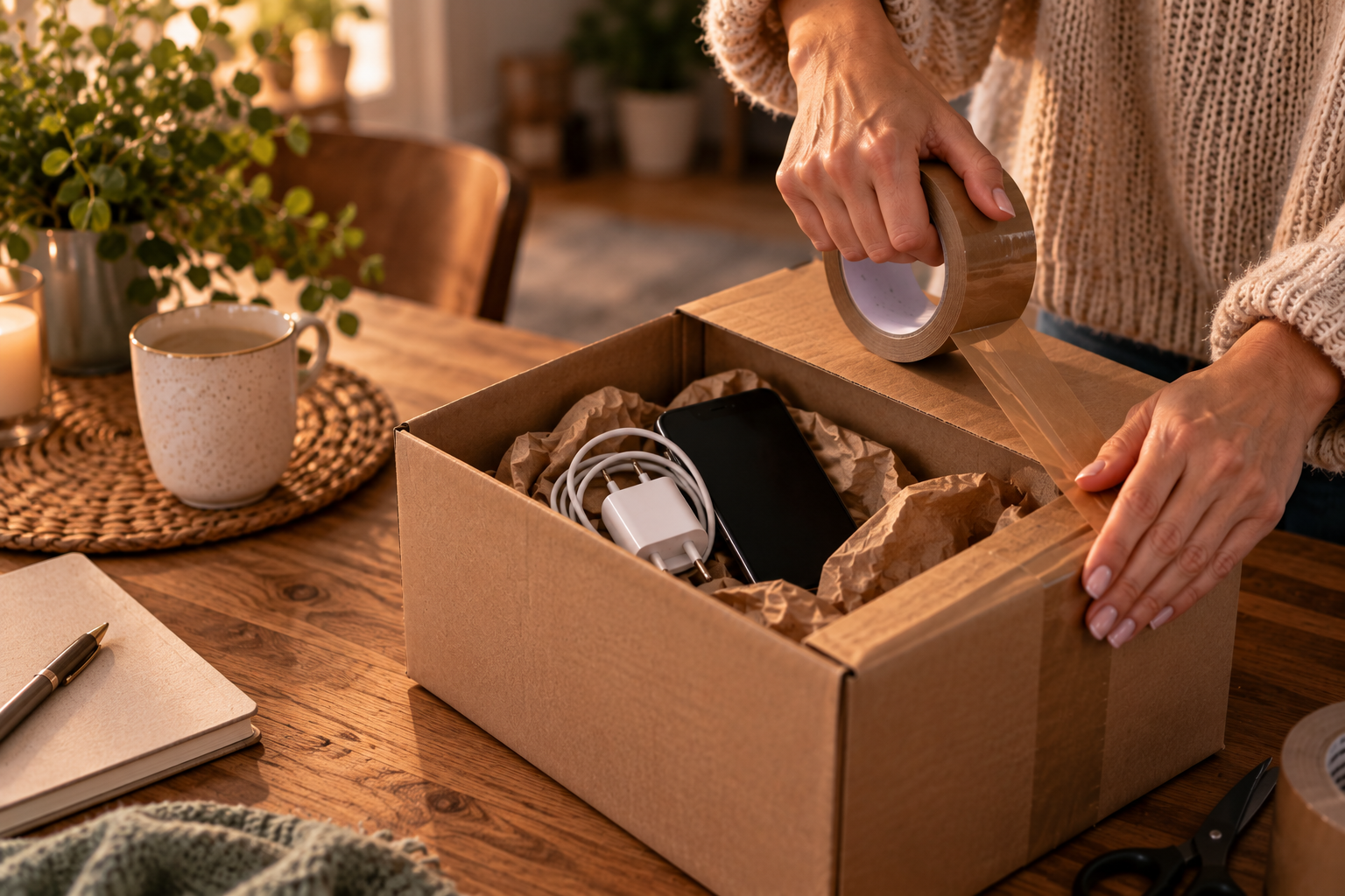 kontaktsperre-nach-trennung-kreativer-selbstschutz Hände verpacken Smartphone und Ladegerät in einen Karton – eine humorvolle Szene darüber, sich während der Kontaktsperre vor impulsiven Nachrichten an den Ex zu schützen.