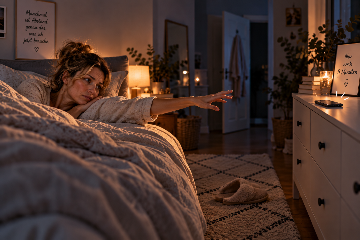 Kontaktsperre – die Versuchung, doch noch einmal nachzuschauen Frau liegt abends im Bett und blickt auf ihr bewusst außer Reichweite abgelegtes Smartphone – eine humorvolle Szene über die Versuchung, während der Kontaktsperre doch noch einmal nach dem Ex zu schauen.