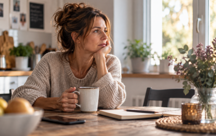 Nachdenkliche Frau sitzt nach einer Trennung mit einer Tasse Kaffee am Küchentisch.