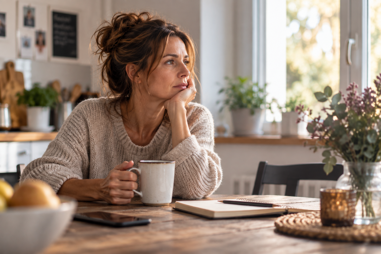 Trennung verarbeiten Nachdenkliche Frau sitzt nach einer Trennung mit einer Tasse Kaffee am Küchentisch.