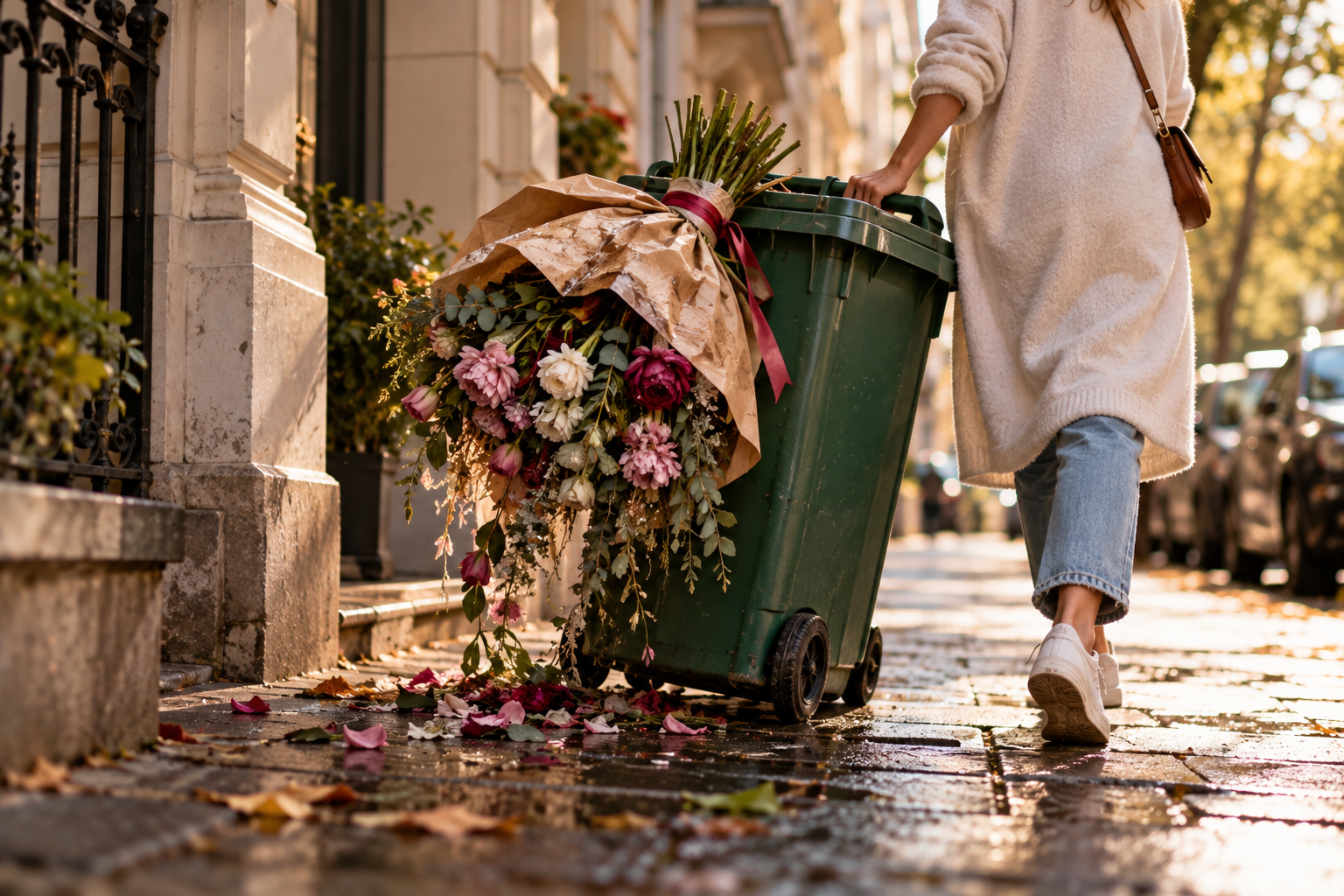 Trennungsphasen – wenn du aufhörst festzuhalten Großer Blumenstrauß steckt kopfüber in einer grünen Mülltonne, während eine Frau sie zur Straße schiebt – ein ungewöhnliches Bild für Loslassen nach einer Trennung.
