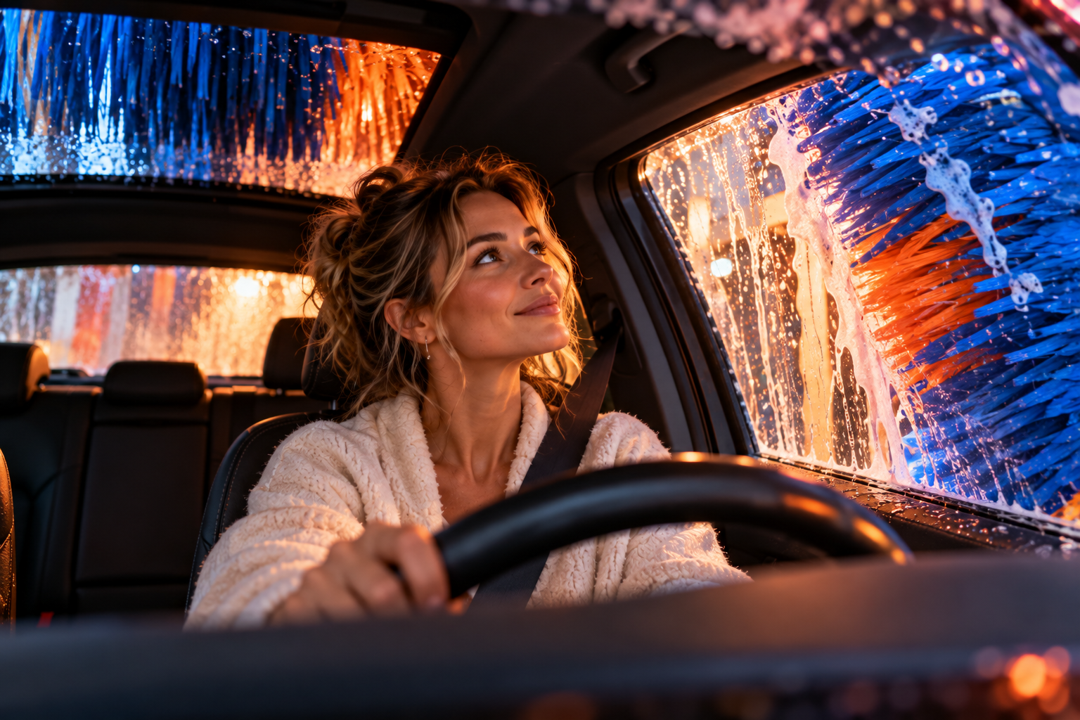 Trennungsphasen – wenn das Leben wieder größer wird Frau sitzt allein in ihrem Auto in einer Waschstraße und beobachtet fasziniert die bunten Bürsten – ein ungewöhnliches Bild für Loslassen und den Neubeginn nach einer Trennung.