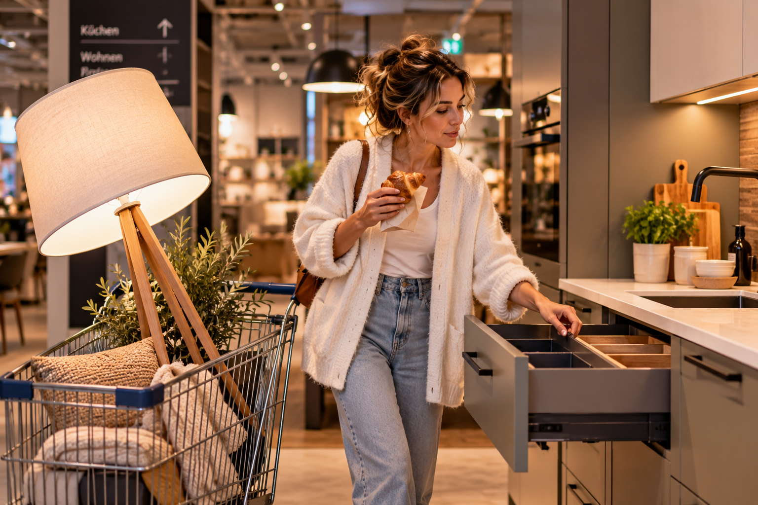 Trennungsphasen – wenn dein eigenes Leben wieder interessant wird Frau probiert in einer Ausstellungsküche Schubladen aus und isst dabei ein Croissant, während eine große Stehlampe im Einkaufswagen steht – ein Bild für Neuorientierung nach einer Trennung.