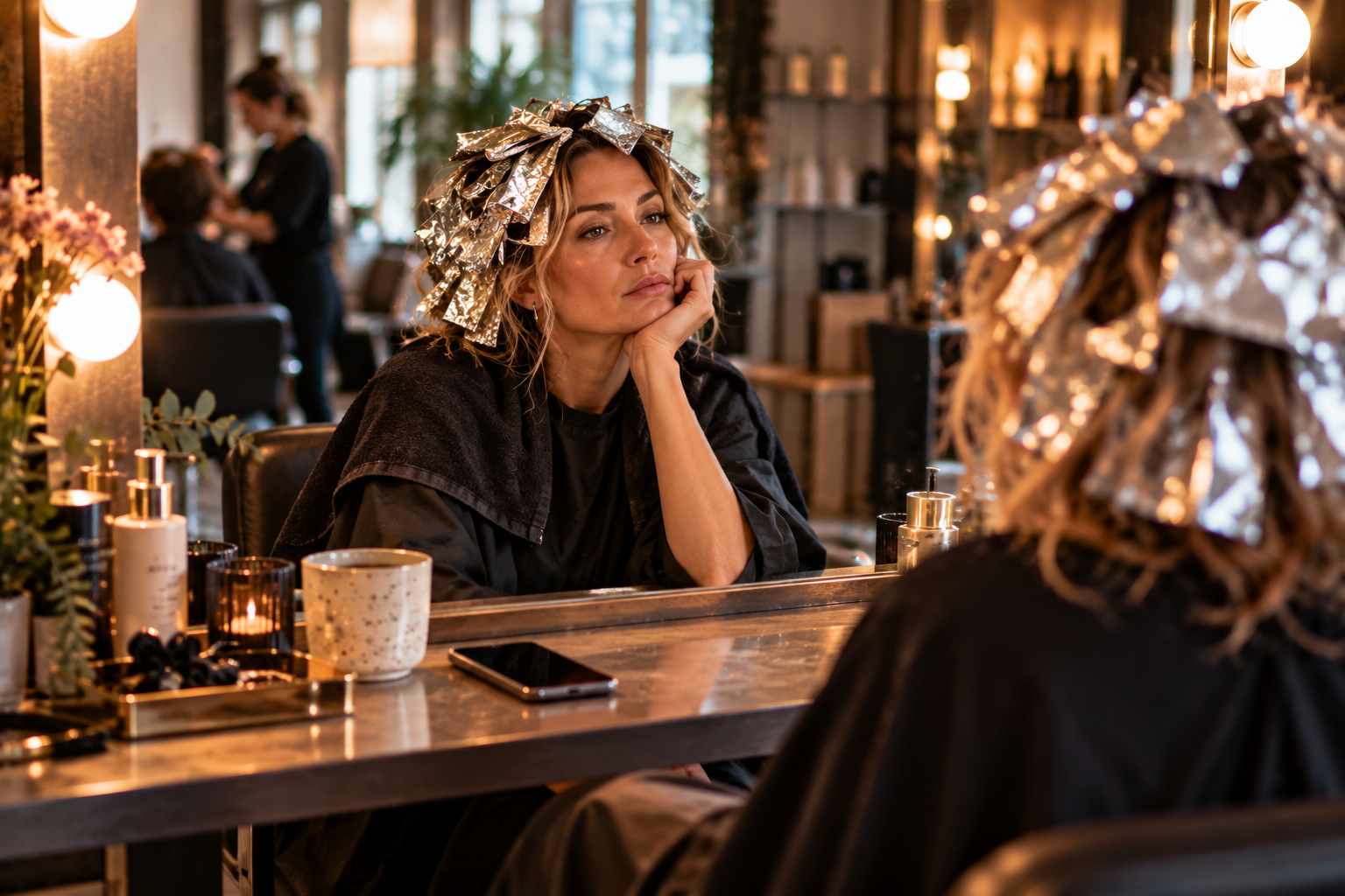 Trennungsphasen – wenn nach der Trennung plötzlich alles anders werden soll Frau sitzt nach einer Trennung mit Alufolie im Haar beim Friseur und blickt nachdenklich in den Spiegel, während ihr Handy ausgeschaltet vor ihr liegt.