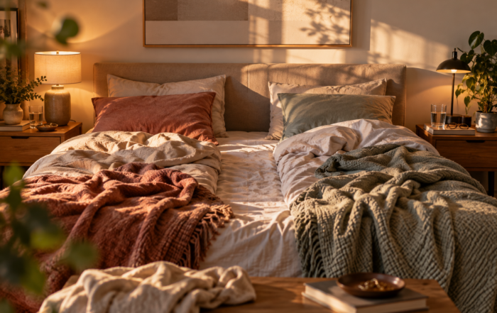 Zerwühltes Doppelbett mit deutlich getrennten Bettseiten als Symbol für emotionale Distanz und die Frage, ob man in einer unglücklichen Beziehung gehen oder bleiben soll.
