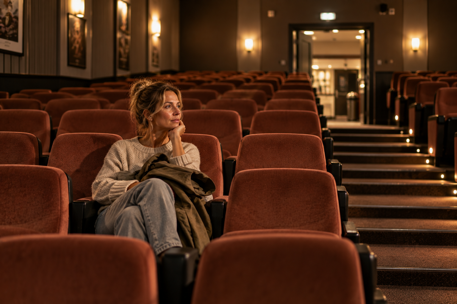 Gehen oder bleiben – wenn du eine Entscheidung für dich finden musst Frau sitzt nach dem Ende eines Films allein in einem leeren Kinosaal und hält ruhig inne – als Symbol für die Frage, ob sie in ihrer Beziehung bleiben oder gehen möchte.
