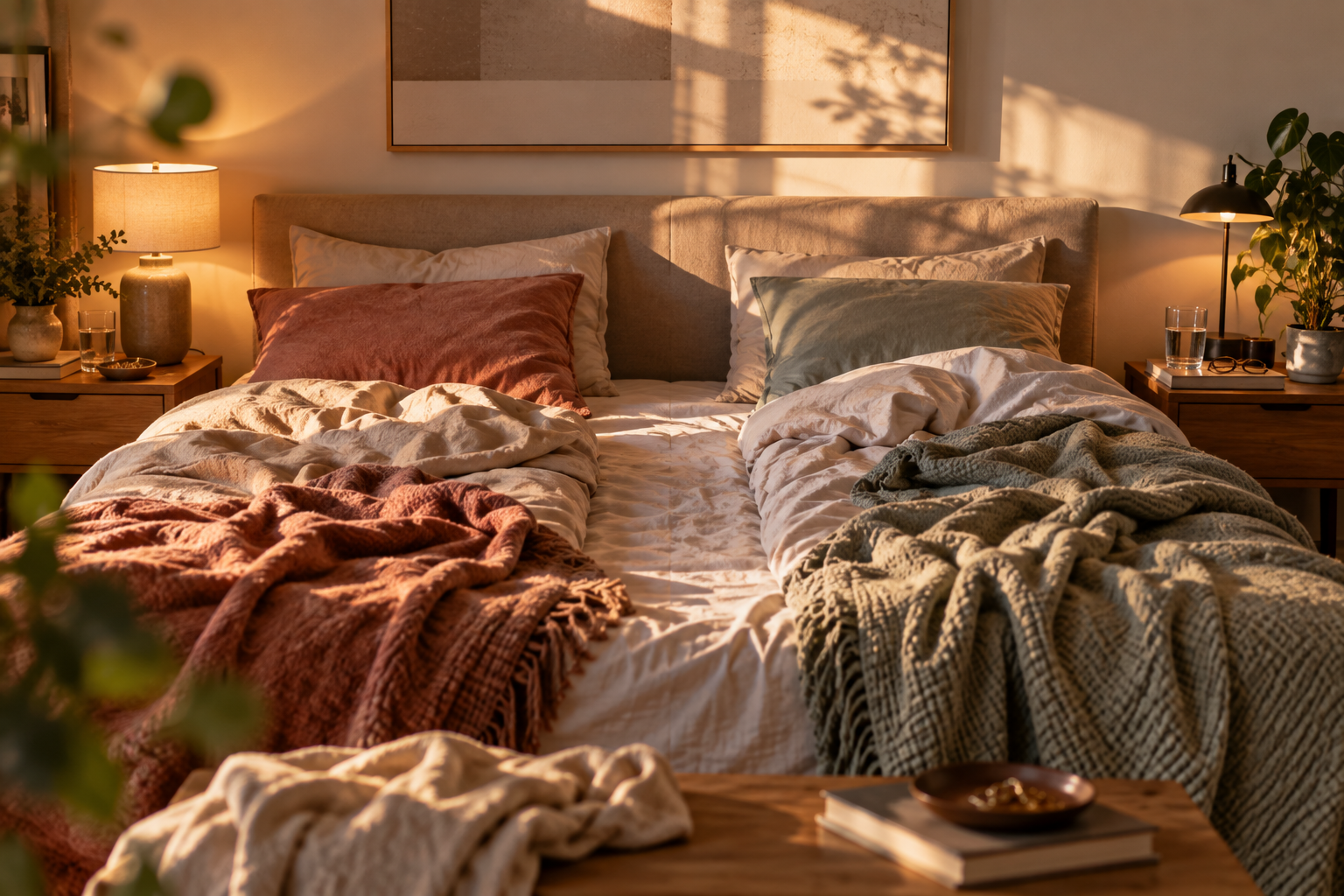 Unglückliche Beziehung – gehen oder bleiben? Zerwühltes Doppelbett mit deutlich getrennten Bettseiten als Symbol für emotionale Distanz und die Frage, ob man in einer unglücklichen Beziehung gehen oder bleiben soll.